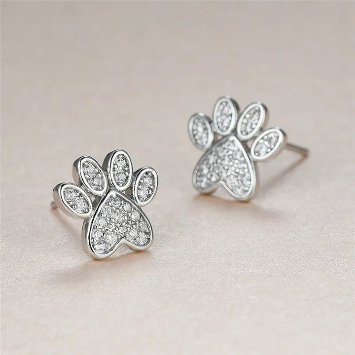 Silver Stud Earrings with Paw Print and Zirconia