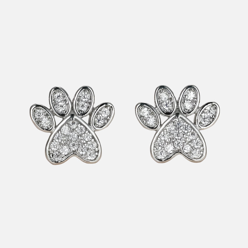 Silver Stud Earrings with Paw Print and Zirconia