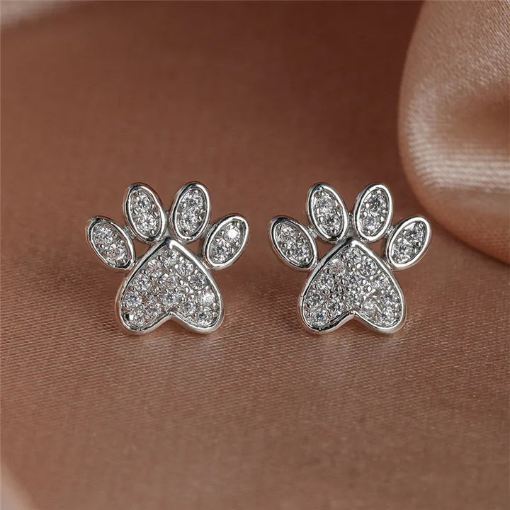 Silver Stud Earrings with Paw Print and Zirconia