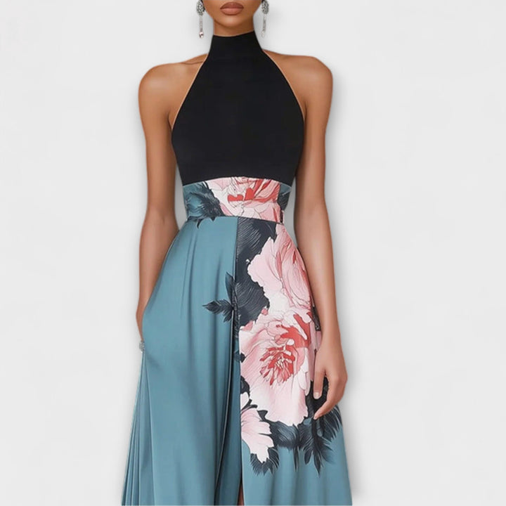 Natalie - Blaues Maxikleid mit Blütenoberteil