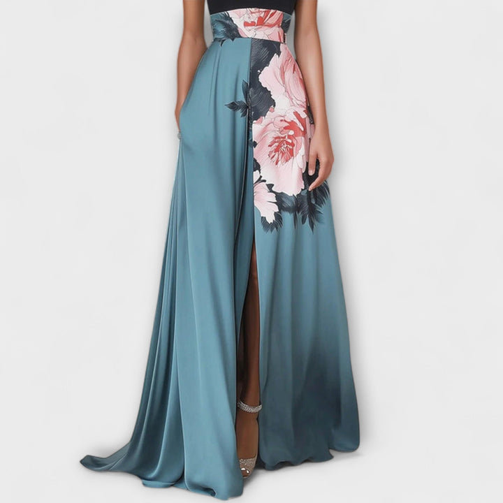 Natalie - Blaues Maxikleid mit Blütenoberteil