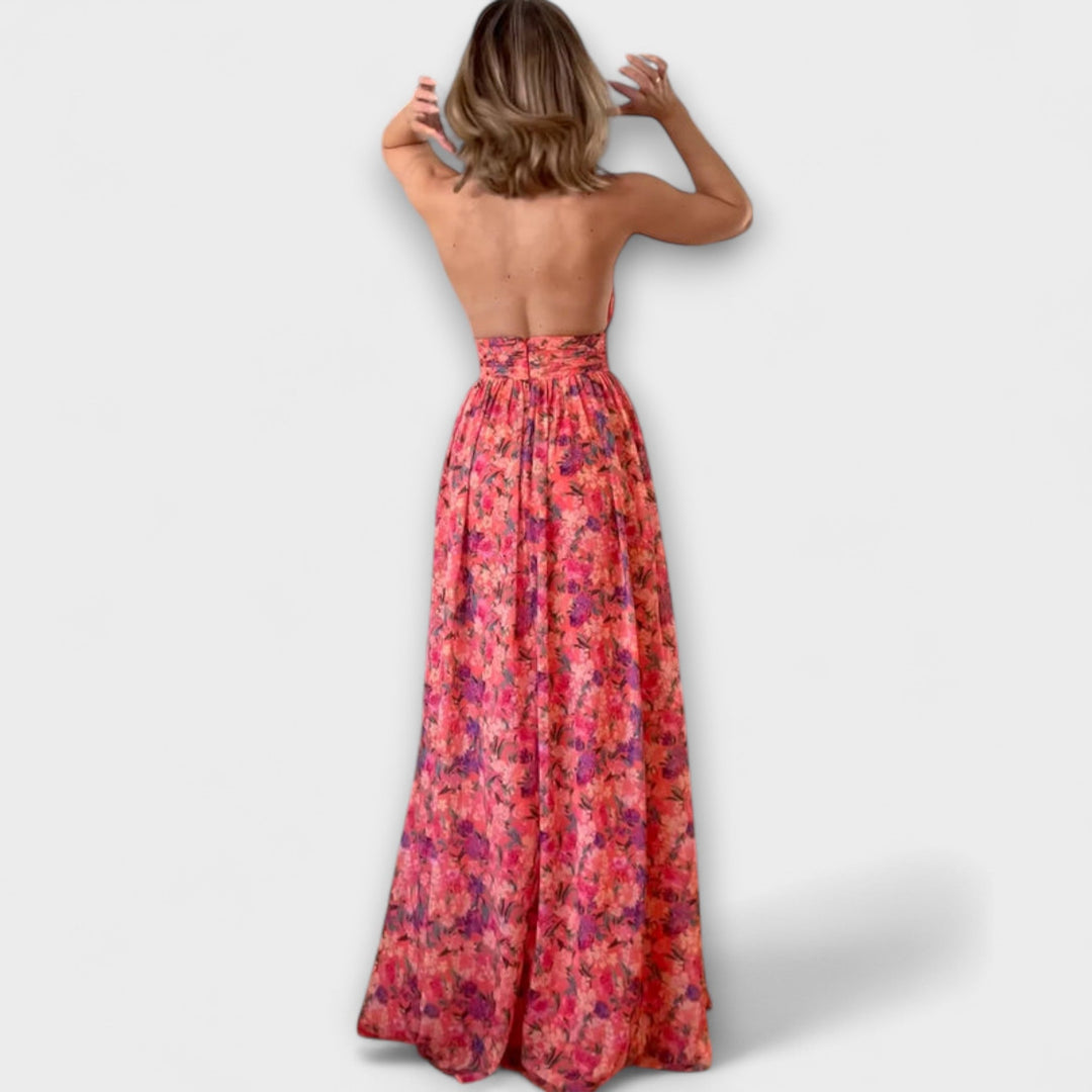 Nortrud - Rotes rückenfreies Maxikleid mit Blütenmuster