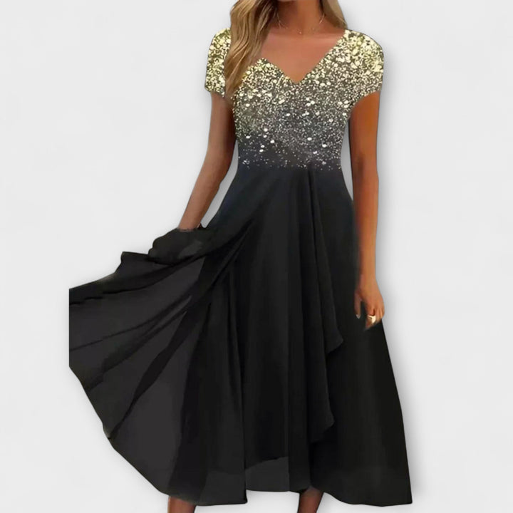 Lara - Schwarzes Chiffon-Partykleid mit Blütenoberteil