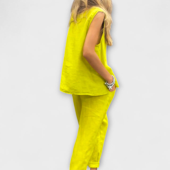 Jennifer - Gelbes Leinen-Set mit ärmellosem Top