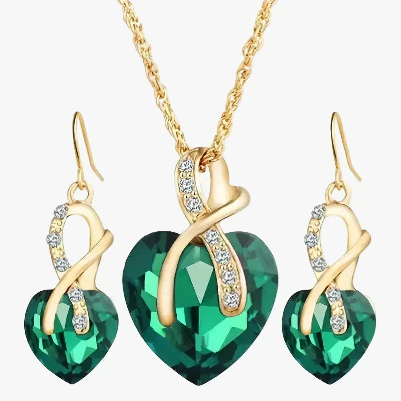 Gold Heart Necklace and Earrings Set with Emerald and Zirconia