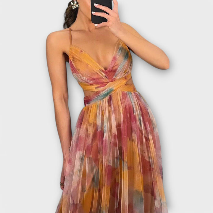 Annai - Rosa Mesh-Maxikleid mit Blütenmuster
