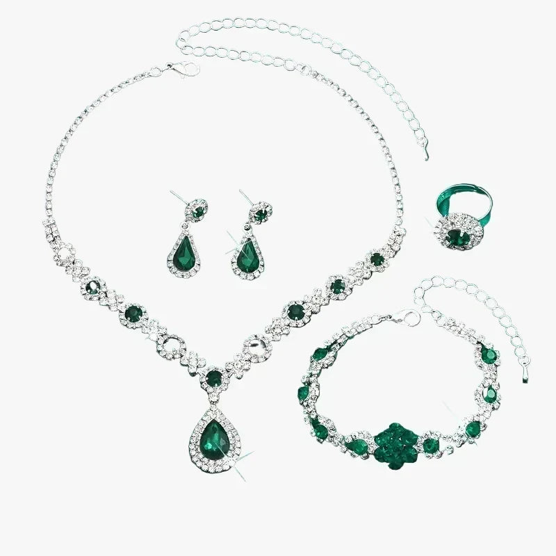 Silver Necklace Set with Emerald Green Crystals and Teardrop