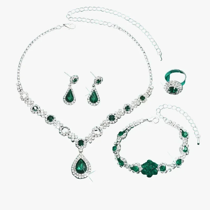 Silver Necklace Set with Emerald Green Crystals and Teardrop