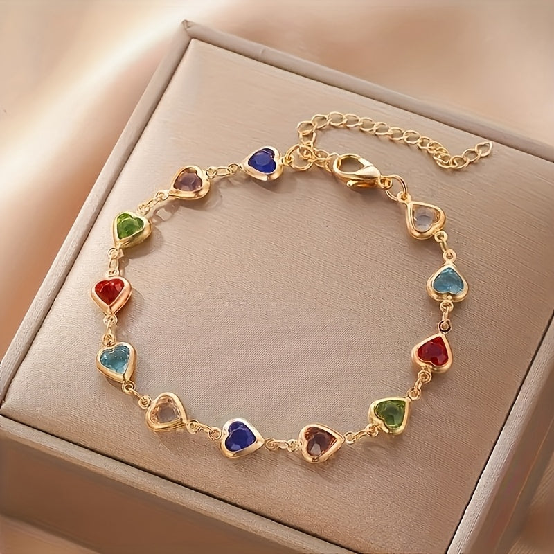Gold Chain Bracelet Áine with Rainbow Crystal Hearts
