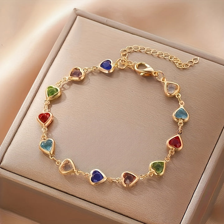 Gold Chain Bracelet Áine with Rainbow Crystal Hearts