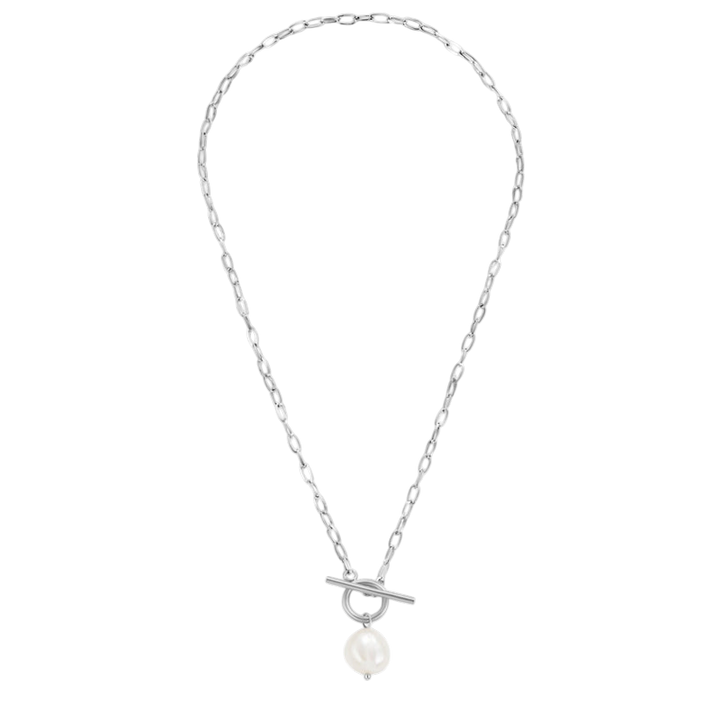 Silver Necklace with Baroque Pearl and Toggle Clasp