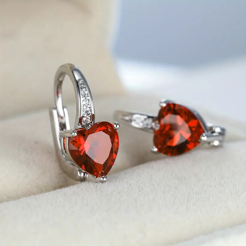 Silver Drop Earrings Nuala with Ruby Heart