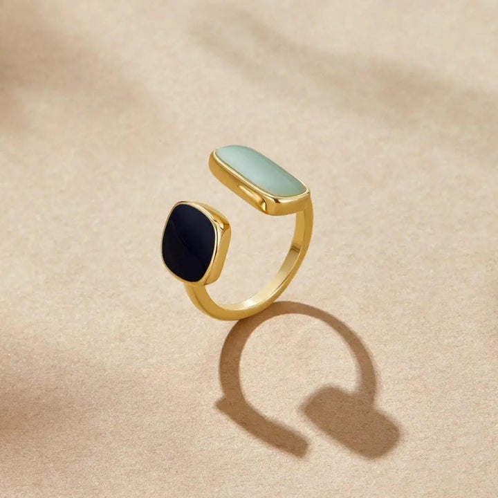 Gold Open Ring Clíodhna with Green Jade and Black Onyx