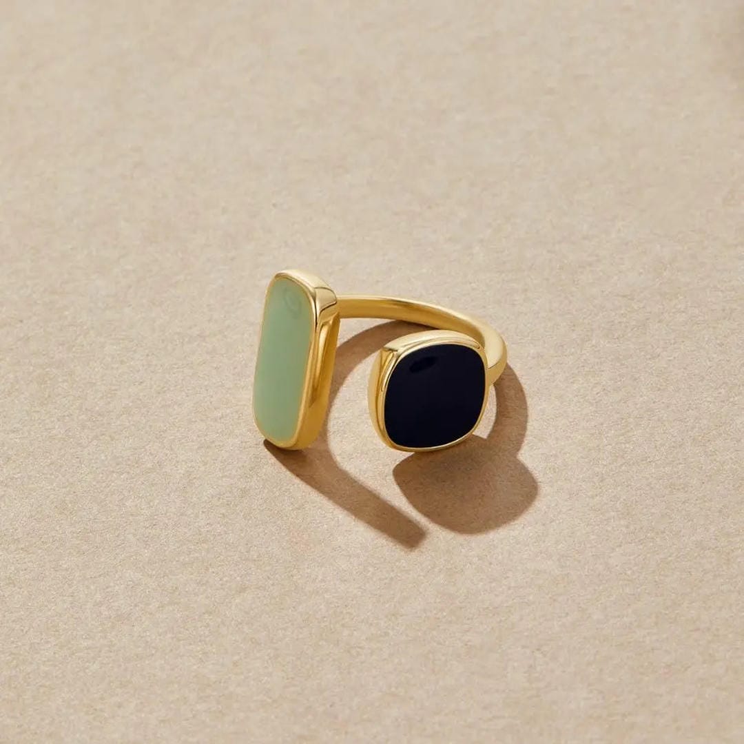 Gold Open Ring Clíodhna with Green Jade and Black Onyx