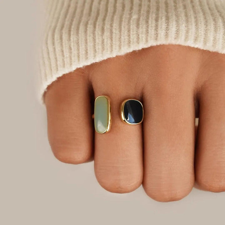 Gold Open Ring Clíodhna with Green Jade and Black Onyx