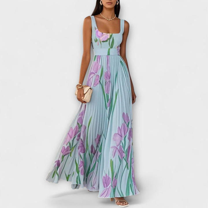 Gefaltetes florales Chiffon-Maxikleid in Creme