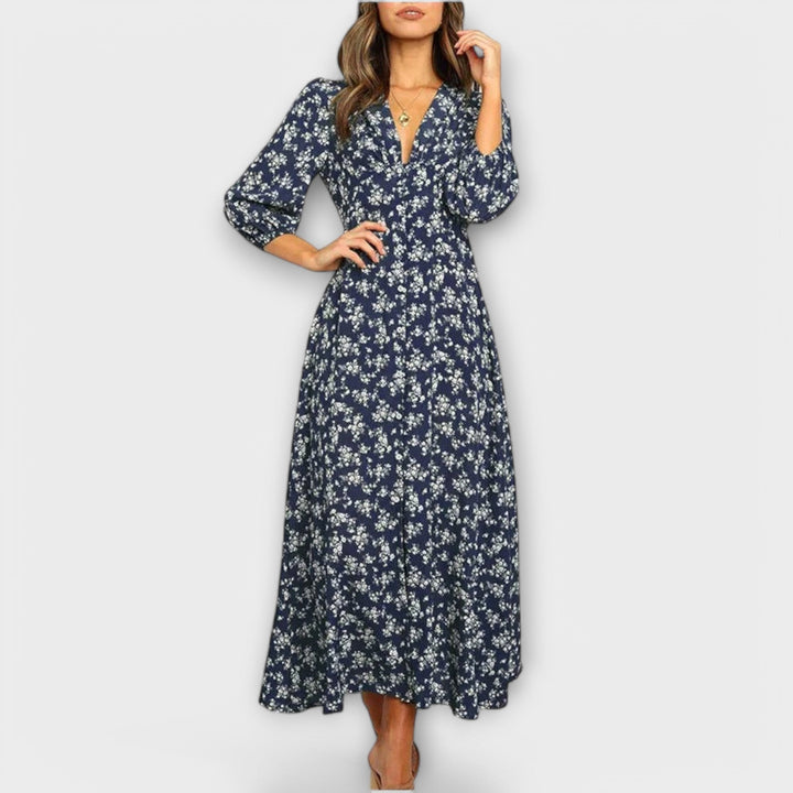 Blau-weisses Maxikleid mit Blütenmuster