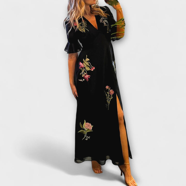 Beatrice - Marineblaues Kleid mit Blütenstickerei
