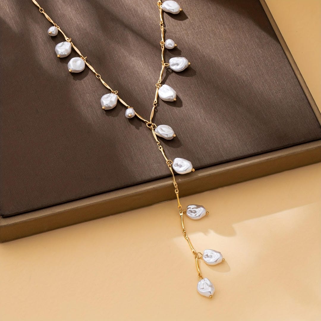 Gold Charm Necklace with Cascading Pearl Drops
