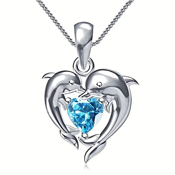 Silver Necklace Ailbhe with Dolphins and Sapphire Heart