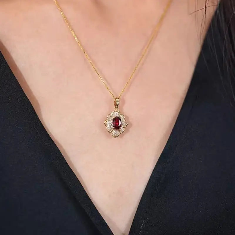 Gold Necklace Sorcha with Ruby Blossom