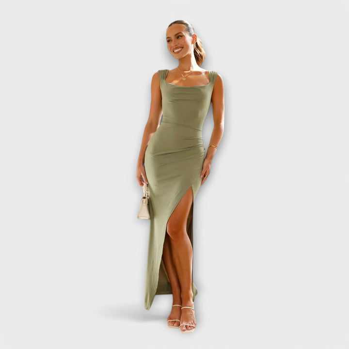 Ellie - Olivgrünes figurbetontes Midikleid mit Schlitz