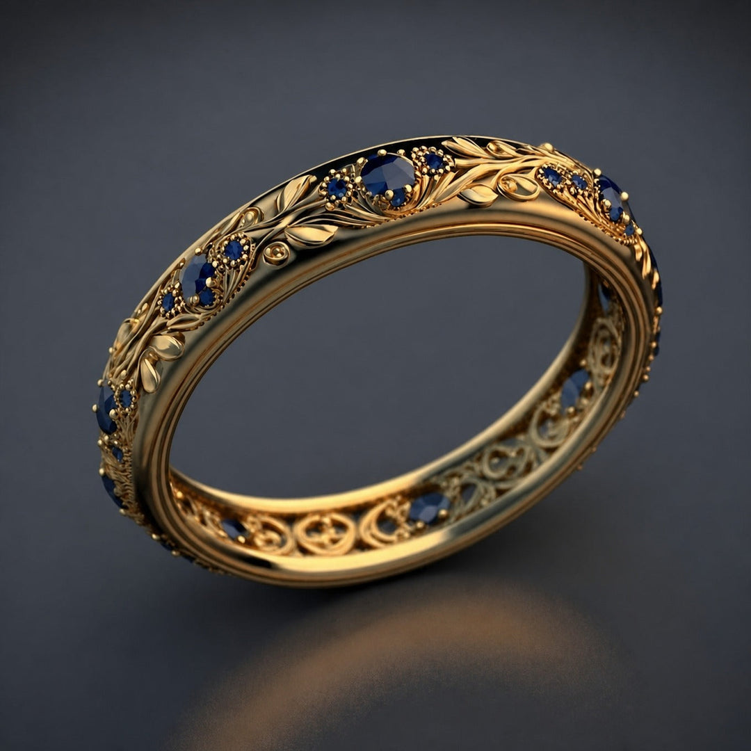 Gold Eternity Ring with Blue Sapphire and Floral Motif