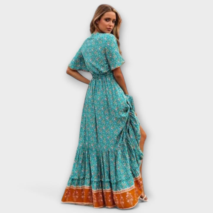 Sirva - Türkises Boho-Maxikleid mit Blütenmuster