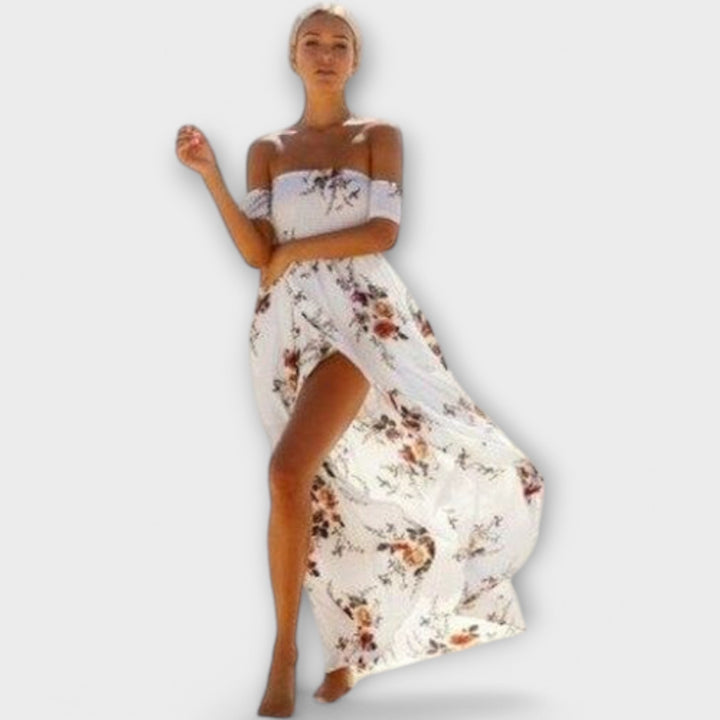Verena - Weisses Boho-Midikleid mit Blütenmuster