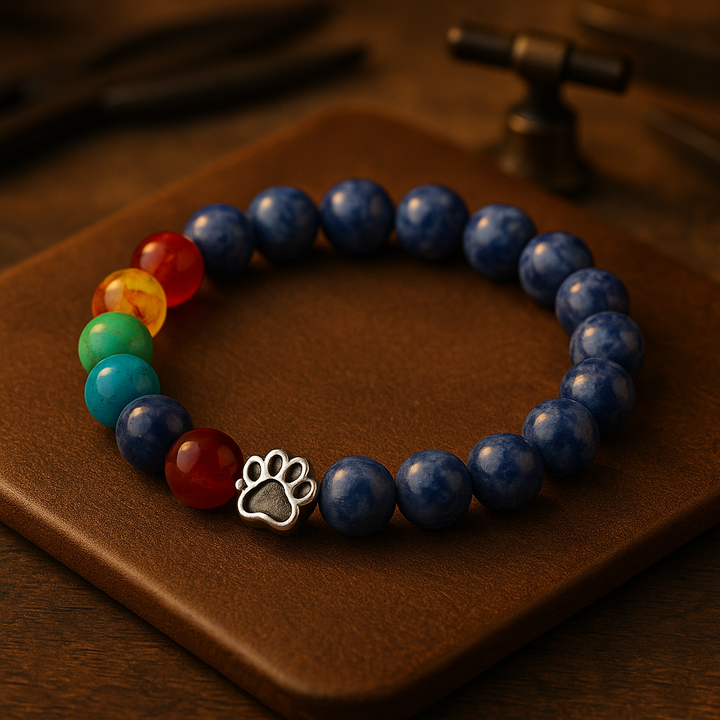 Blue Beaded Bracelet with Paw Print & Chakra Stones