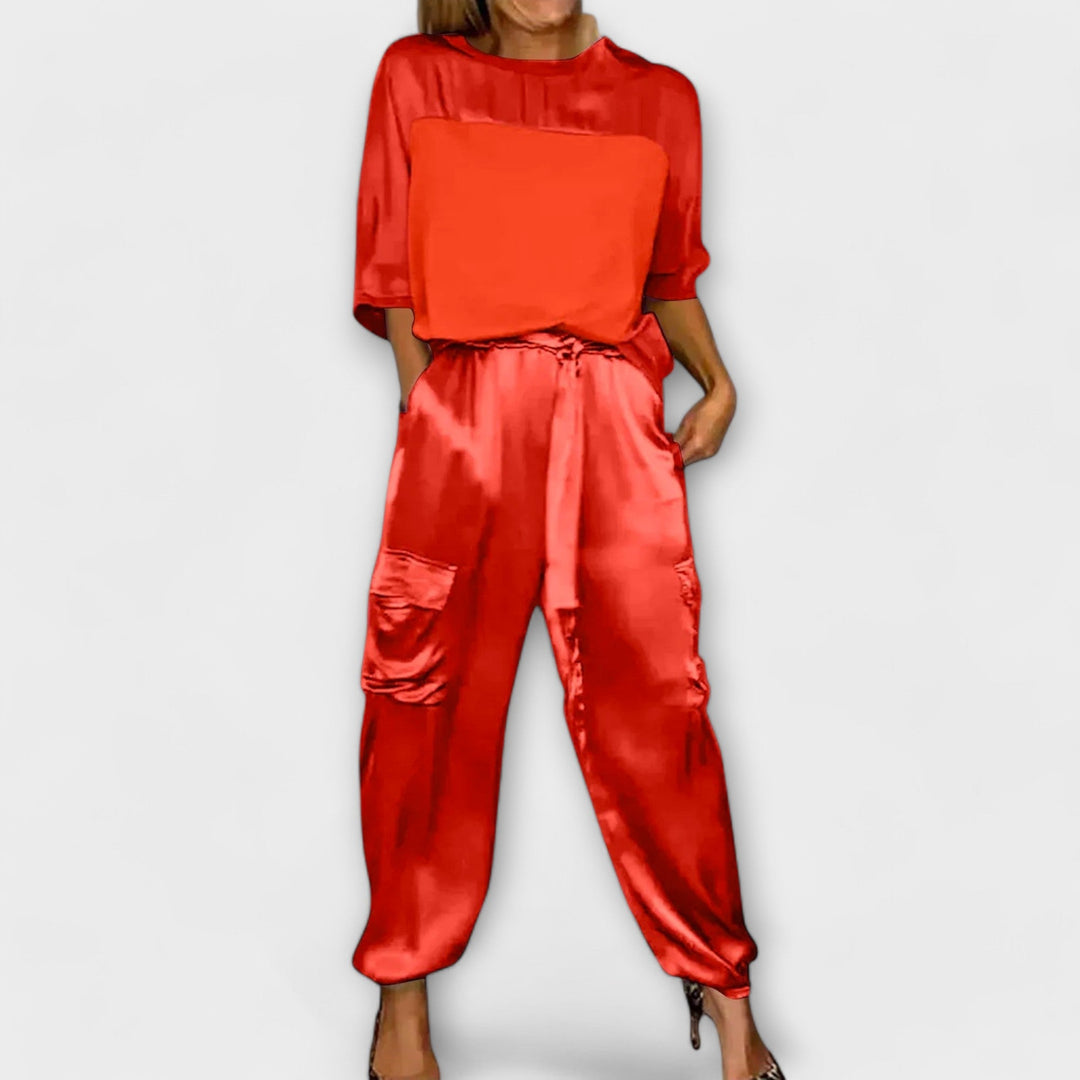 Khakifarbenes Satin-Set mit Top und Hose