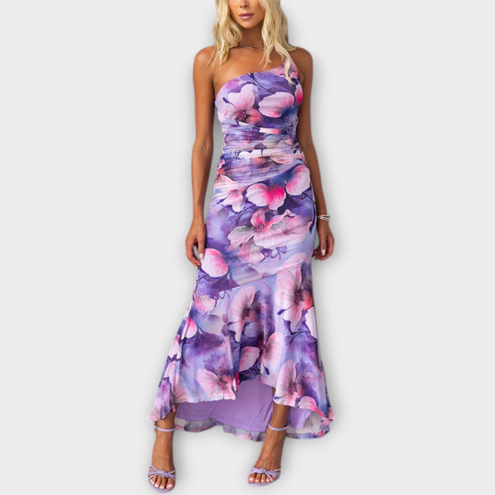 Pia - Lila Maxikleid mit Blütenmuster und Raffung