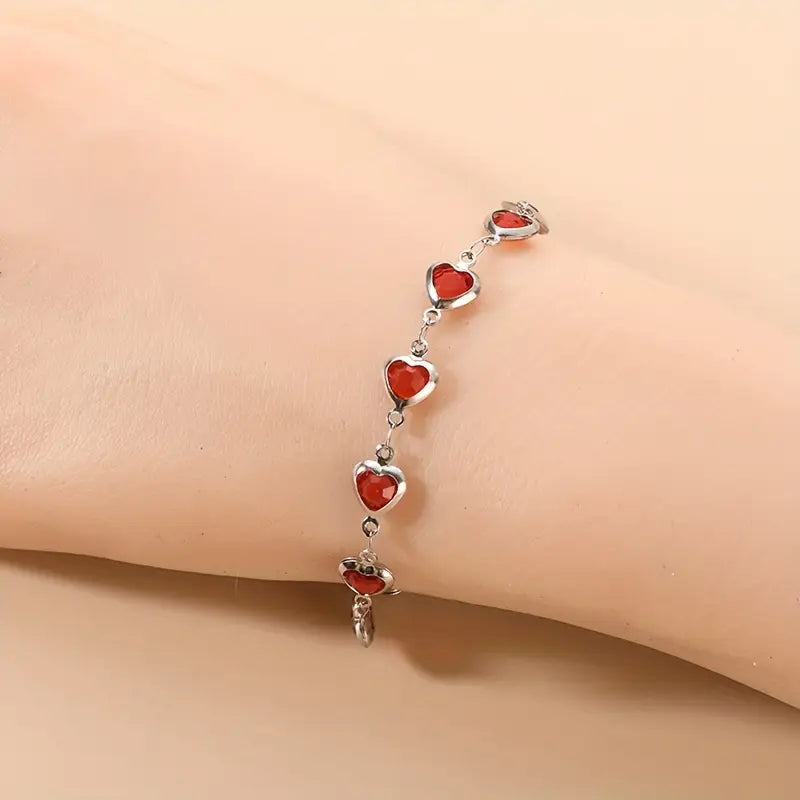 Silver Chain Bracelet Neasa with Ruby Hearts
