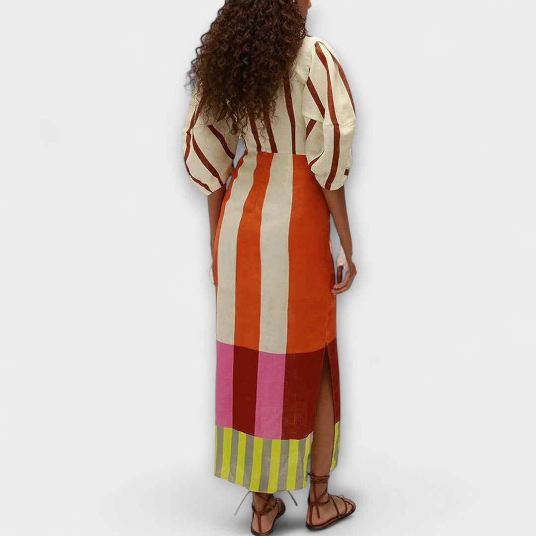 Kaya - Buntes Maxikleid mit Farbblock und Puffärmeln