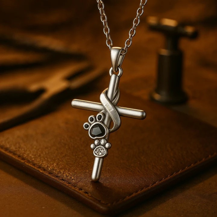 Silver Cross Necklace Siobhán with Paw Print