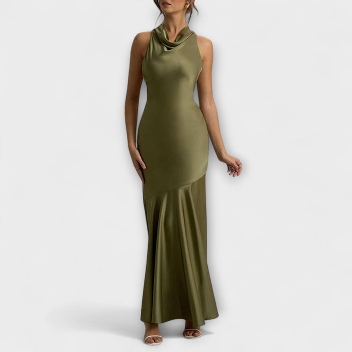 Lennon - Olivgrünes elegantes Satin-Maxikleid