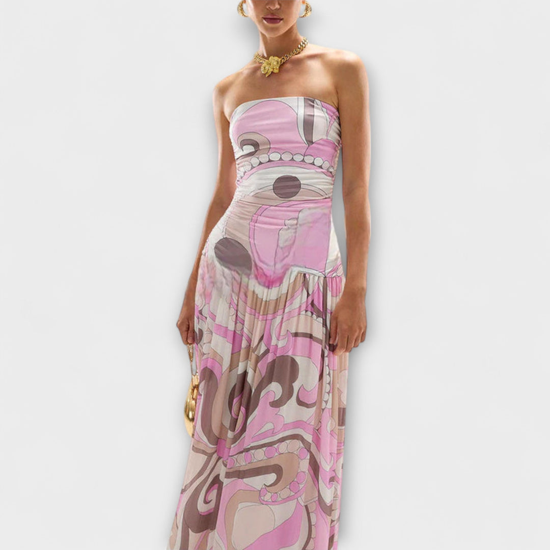 Tatum - Pastellfarbenes schulterfreies Maxikleid