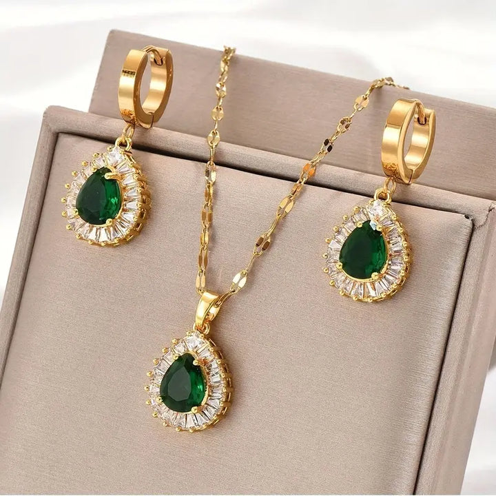 Gold Necklace and Earrings Set with Emerald Teardrops and Zirconia