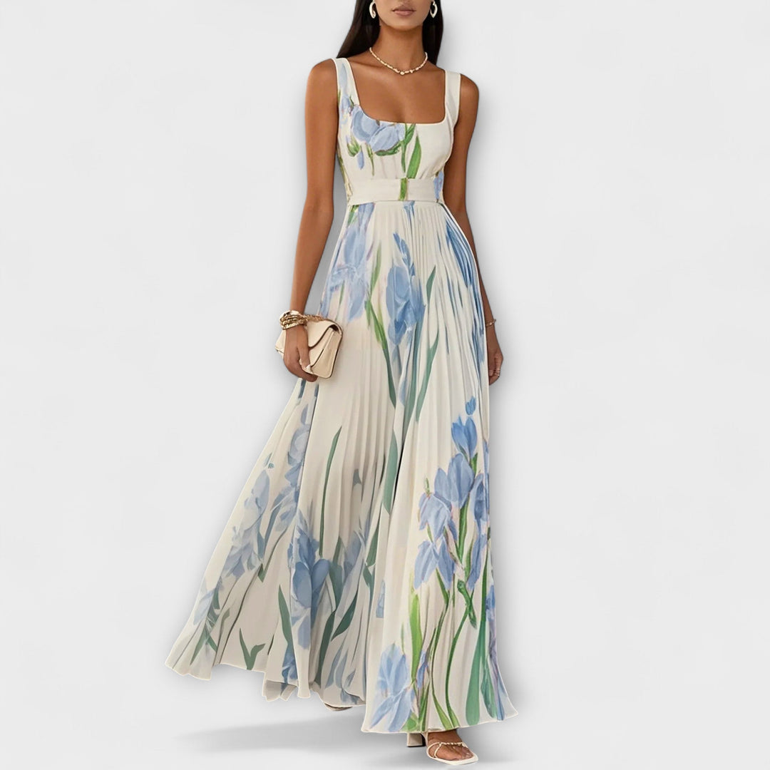 Gefaltetes florales Chiffon-Maxikleid in Creme
