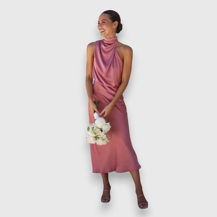 Zenaida - Cremefarbenes Satinkleid mit Neckholder