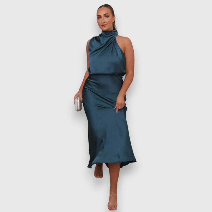 Zenaida - Cremefarbenes Satinkleid mit Neckholder