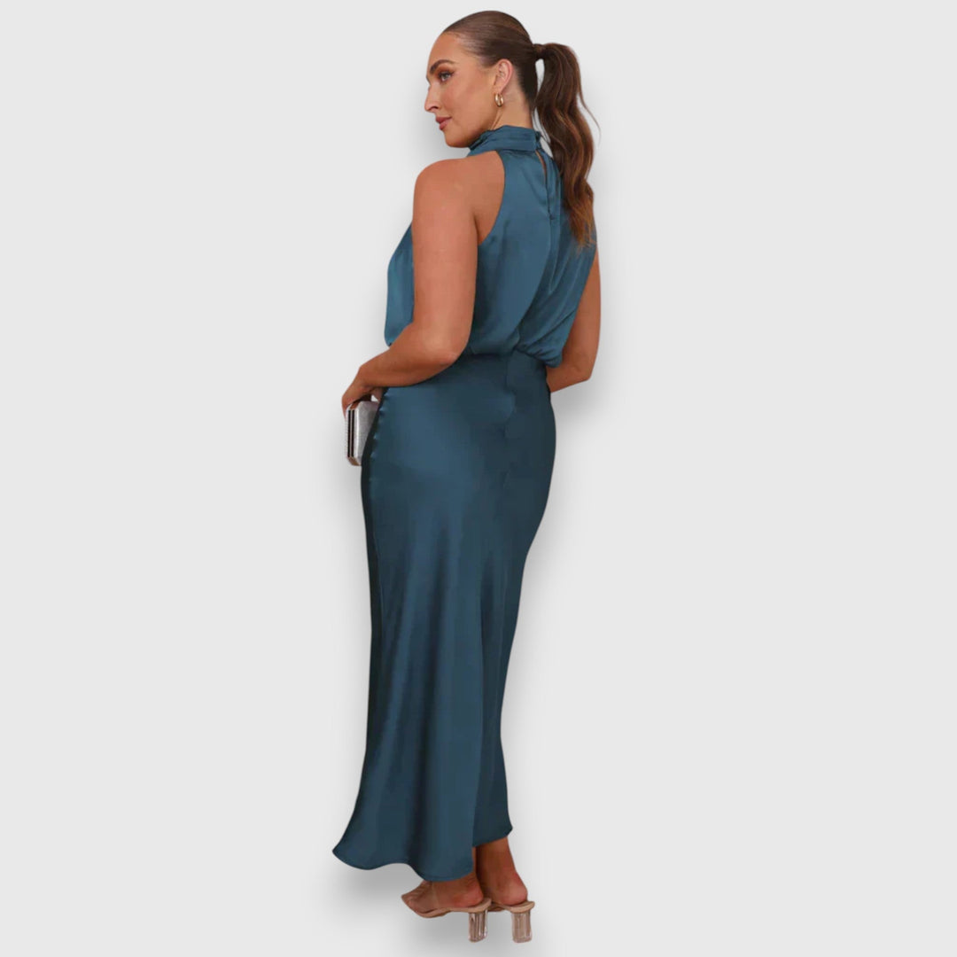 Zenaida - Cremefarbenes Satinkleid mit Neckholder