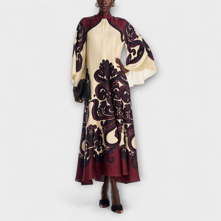 Lucy - Bordeaux-cremes Maxikleid mit Grenadilla-Print