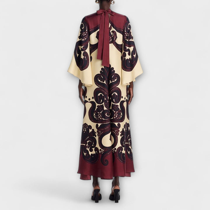 Lucy - Bordeaux-cremes Maxikleid mit Grenadilla-Print