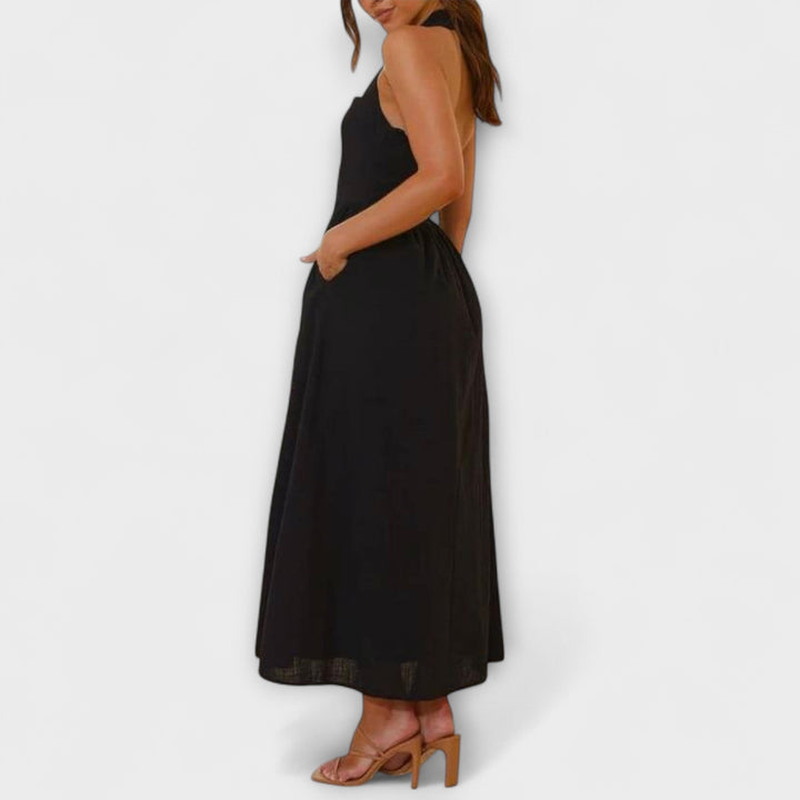 Lydia - Schwarzes Mid-Length-Halterkleid mit Taillendetail