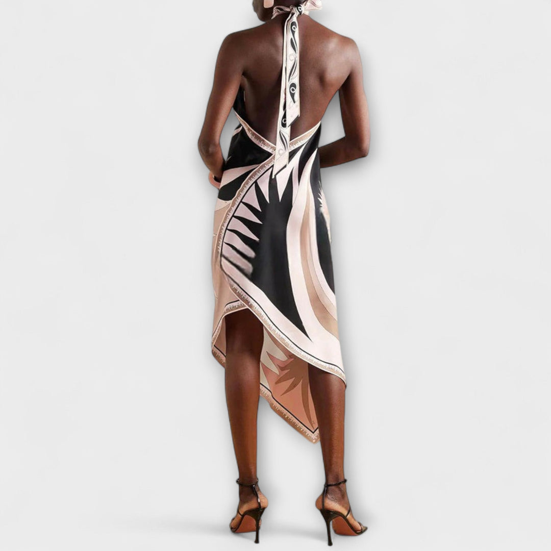Ivy - Schwarz-cremes Satin-Trägerkleid mit Print