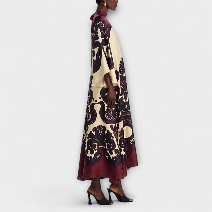 Lucy - Bordeaux-cremes Maxikleid mit Grenadilla-Print