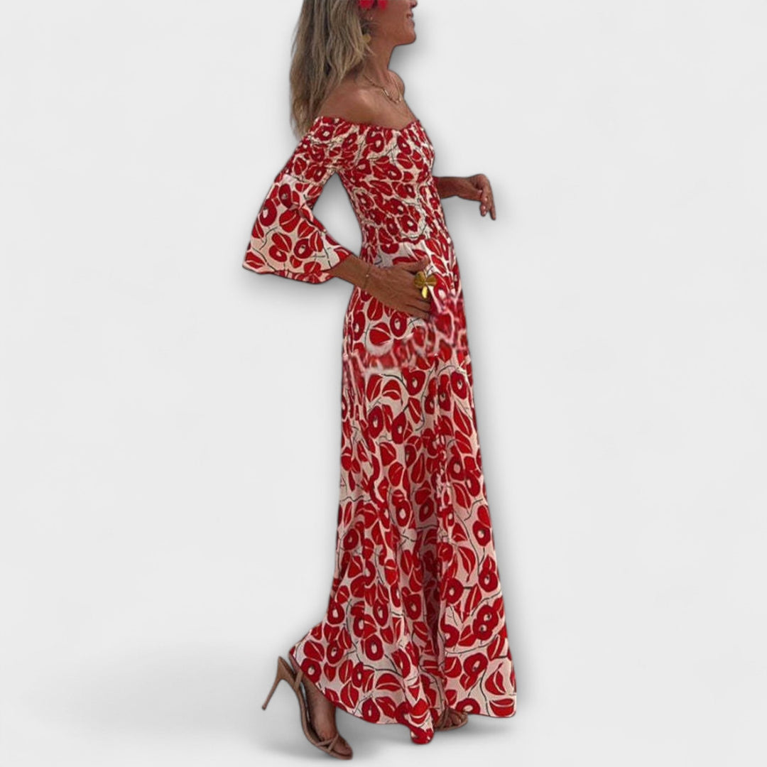 Sienna - Rotes schulterfreies Maxikleid mit Blüten