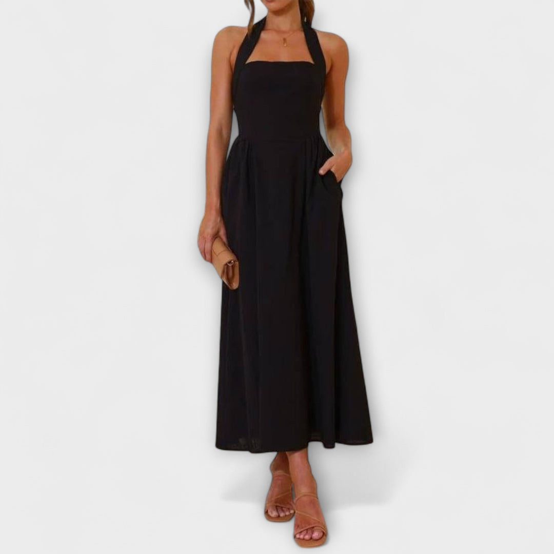 Lydia - Schwarzes Mid-Length-Halterkleid mit Taillendetail