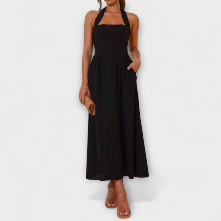 Lydia - Schwarzes Mid-Length-Halterkleid mit Taillendetail